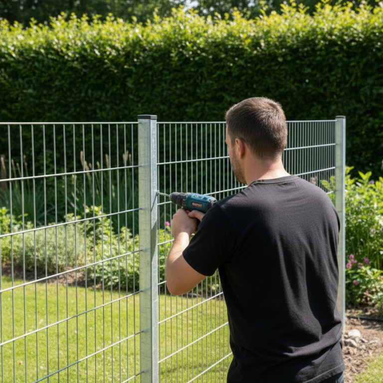 Doppelstabmattenzaun aus Metall mit einem Handwerker